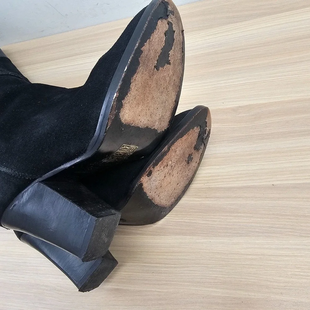 MAJE‎ Edgy Over The Knee Boots Womens 6.5 Black Suede Leather Rock Chic Giuliana